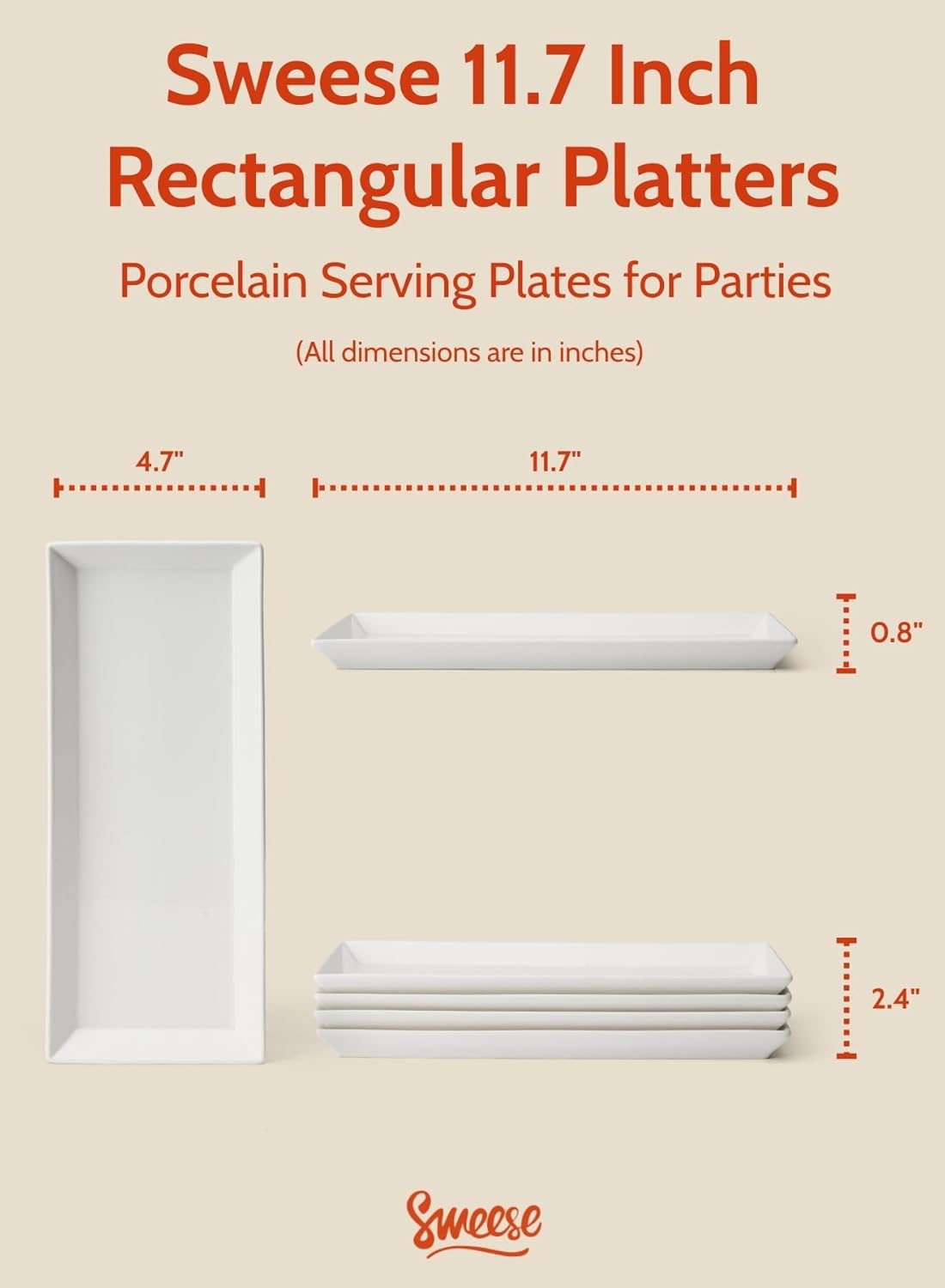 Sweese Porcelain Serving Platters 11.7 Inch - Elegant White Rectangular Plates, Set of 4 for Parties, Sushi, Appetizers