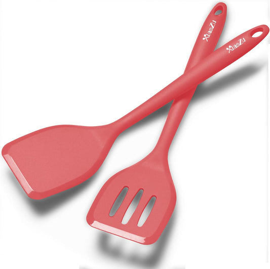 Silicone Spatula Turner Set, High Heat Resistant Spatulas with Seamless One Piece Design, Nonstick Rubber Flippers Utensils for Baking & Cooking,BPA-Free, Red, 11 IN