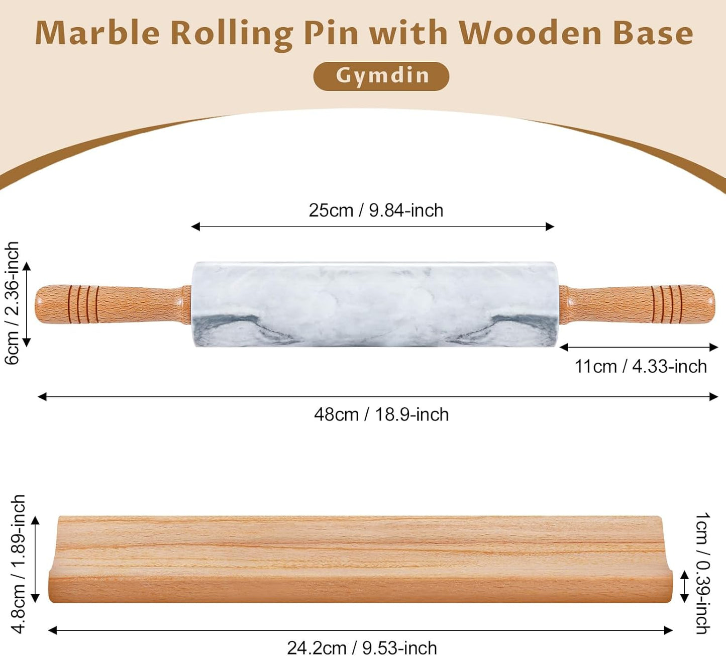 Marble Rolling Pin - 18.9" Marble Rolling Pins for Baking, Pastry, Pizza Dough & More - Polished Non-Stick Surface, Long Dough Roller with Wooden Handles & Base