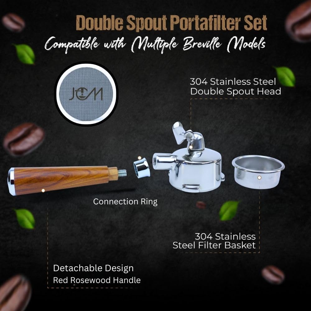 54mm Espresso Double Spout Portafilter 3 Ears Red Rosewood Handle compatible with Breville espresso machines Includes Stainless Steel 18g Filter Basket & 1.7mm Puck Screen (54mm Red Double Spout)