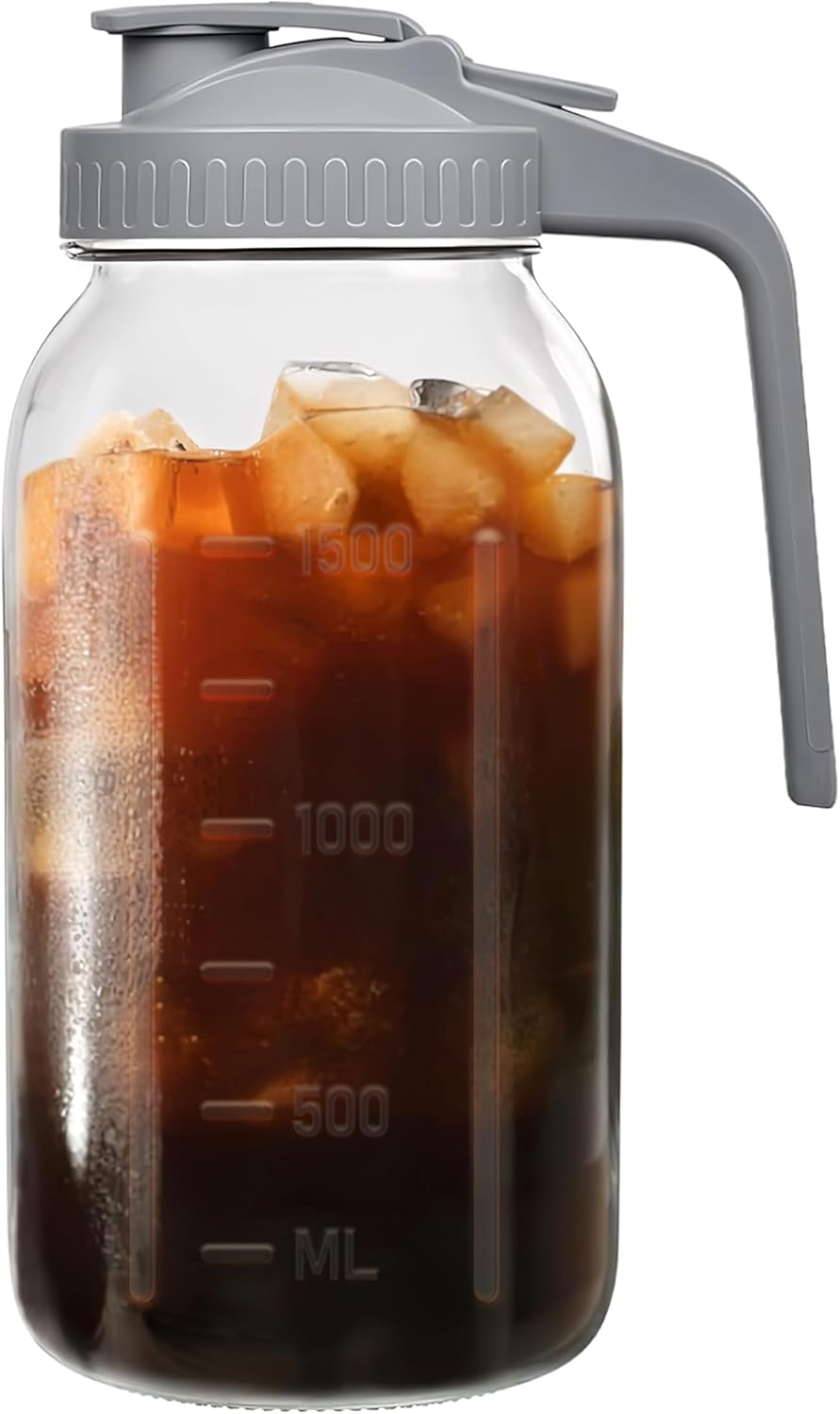 2 Quart Wide Mouth Glass Pitcher with Lid, 64oz Mason Jar Pitcher, Leak-proof Iced Tea Pitcher,Heavy Duty Container for Fridge Sweet Tea,Juice,Cold Brew Coffee,Breastmilk Storage Drinks-1PACK/Gray