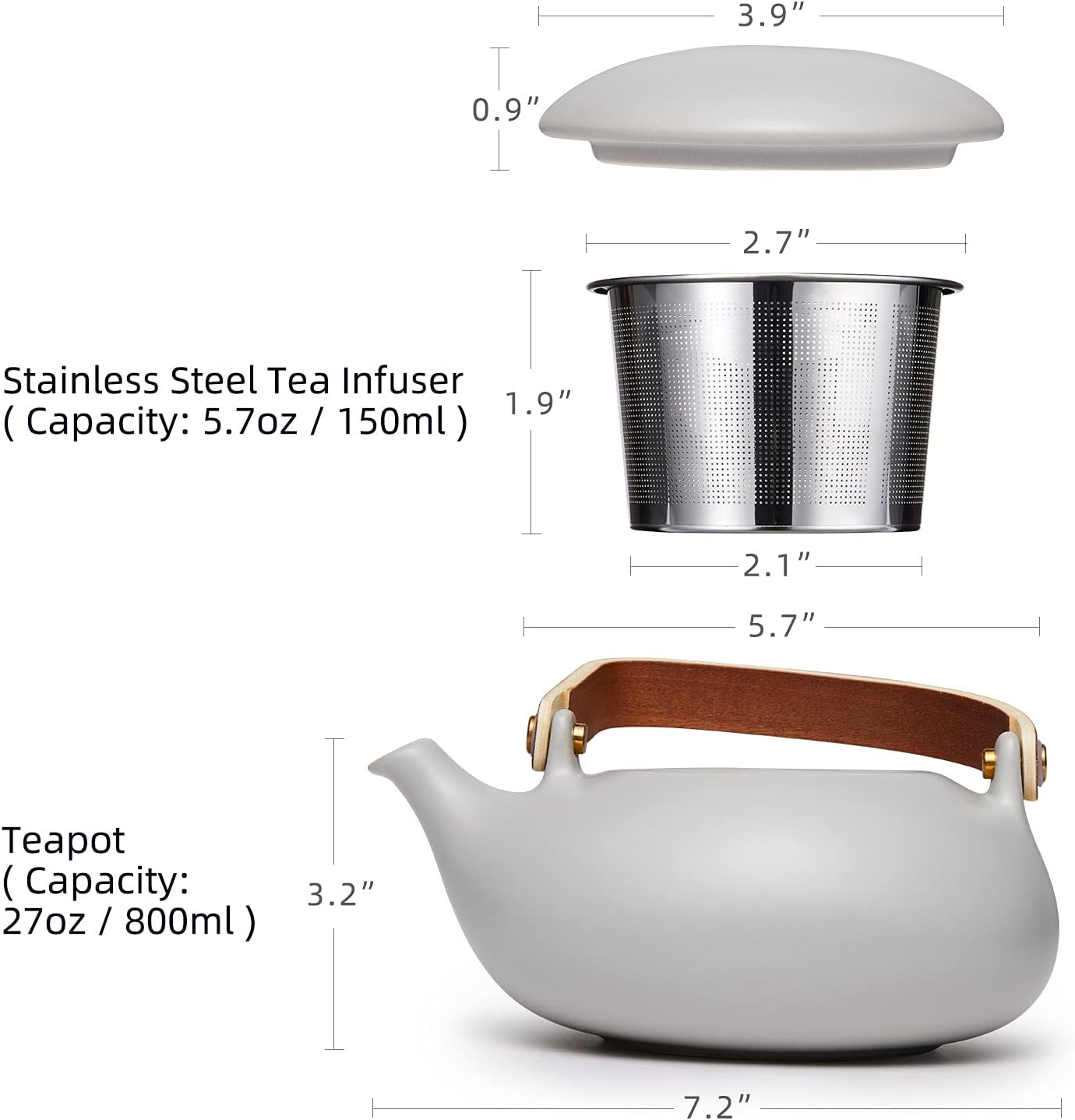 ZENS Vintage Japanese Teapot with Strainer, 27oz Matte Ceramic Loose Leaf Teapot with Infuser, Wood Handle Gray Japanese Teapots Hot Tea Brewer Pot for Women, Tea Lovers Gifts
