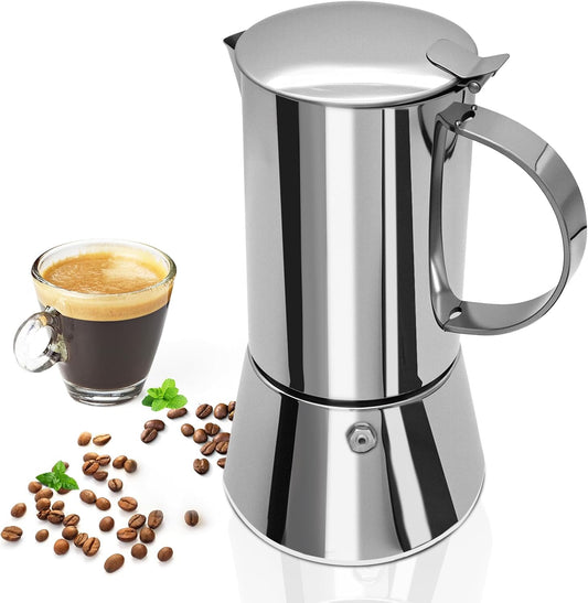 Uncoated 4 Cup Moka Pot 304 Thickened Stainless Steel Coffee Maker Stovetop Espresso Coffeemaker Italian Classic Style Brewing Greca Cafe Mocha Machine for Cafeteras Camping Travel Home 200ml 6.6oz