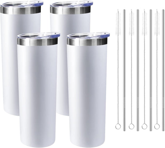 20 oz Skinny Tumblers with Lid and Straw,Stainless Steel Vacuum Insulated Tumbler Cup Double Wall Travel Coffee Mug, Thermal Water Tumbler for Hot and Cold Drinks(White,4)