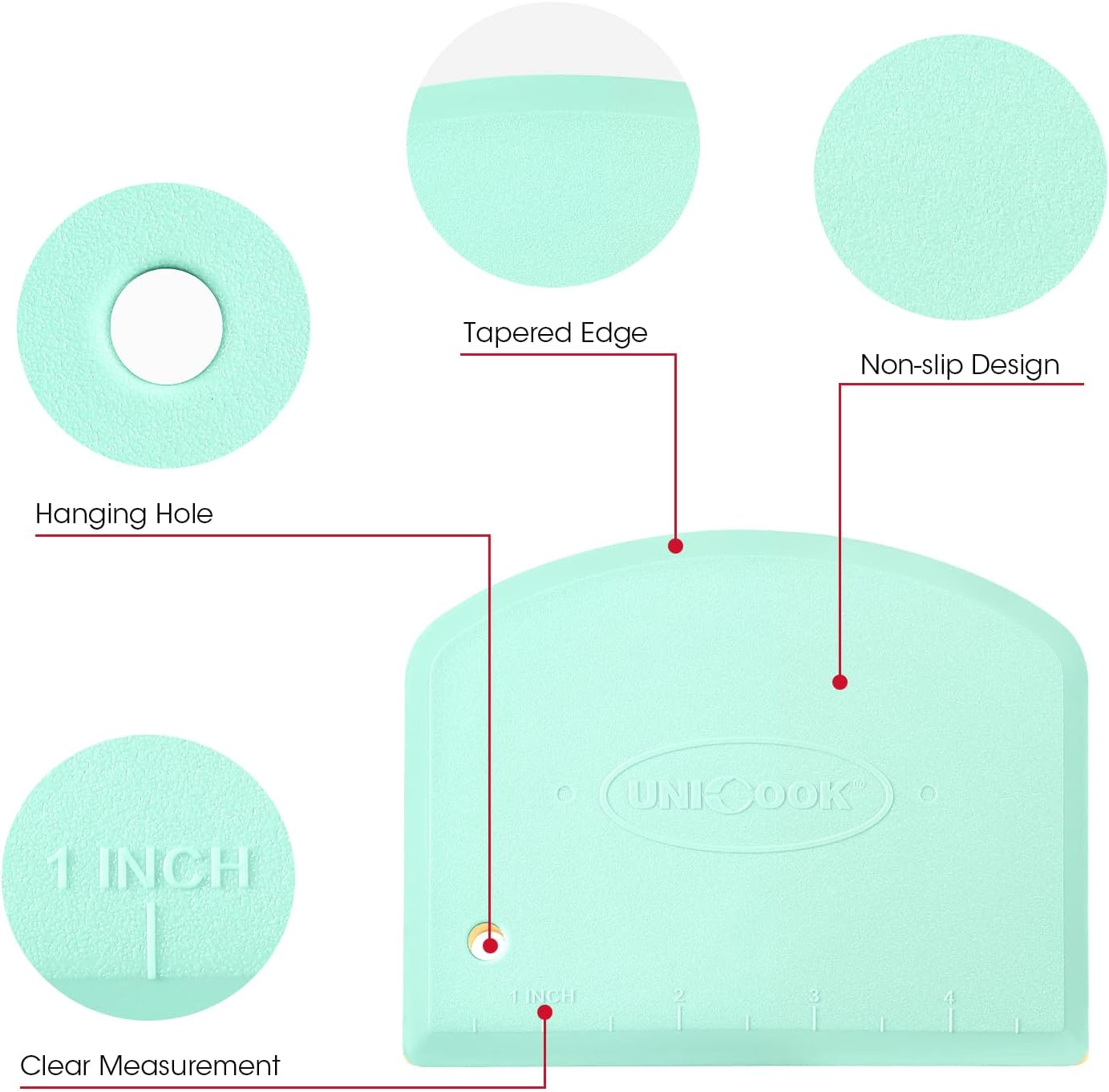 Unicook Dough Scraper Cutter, Flexible Plastic Bench Scraper for Baking Pizza/Pastry/Cake, Multipurpose Baking Tools with Measuring Scale, 2 Pack