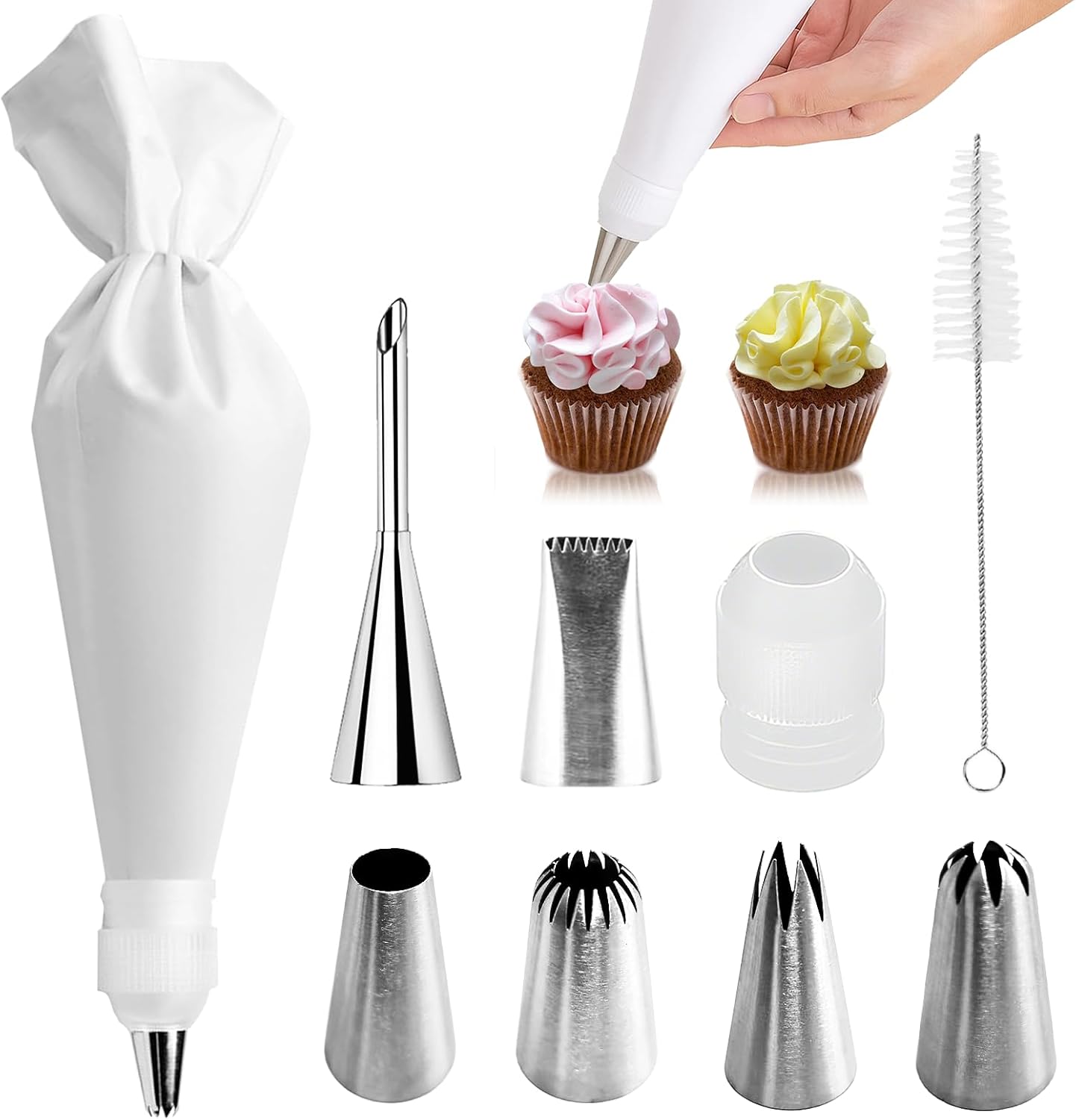 9-Piece Reusable Piping Bags and Tips Set- Cotton Baking Kit with Coupler, Stainless Steel Nozzles & Cleaner for Cakes/Cupcakes/Cookies Decorating