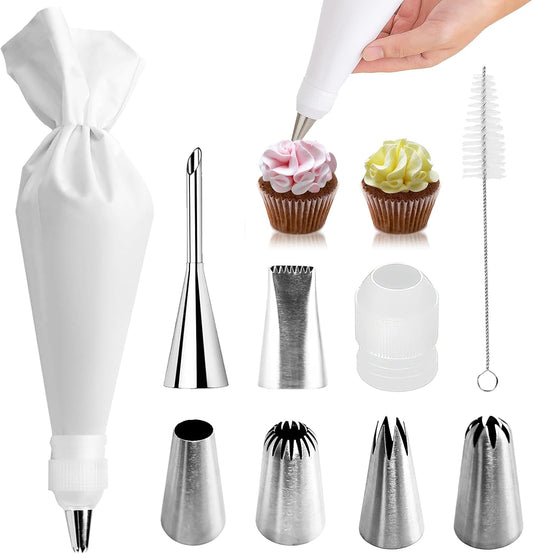 9-Piece Reusable Piping Bags and Tips Set- Cotton Baking Kit with Coupler, Stainless Steel Nozzles & Cleaner for Cakes/Cupcakes/Cookies Decorating