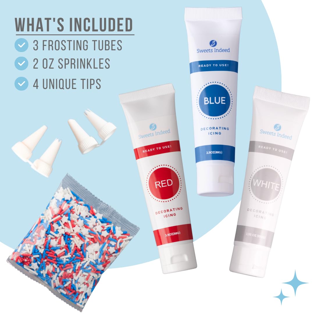 Sweets Indeed Frosting Kit plus Sprinkles Frosting Tubes nozzles 11.71 ounces Perfect for baking and cookie decoarting (Patriotic)