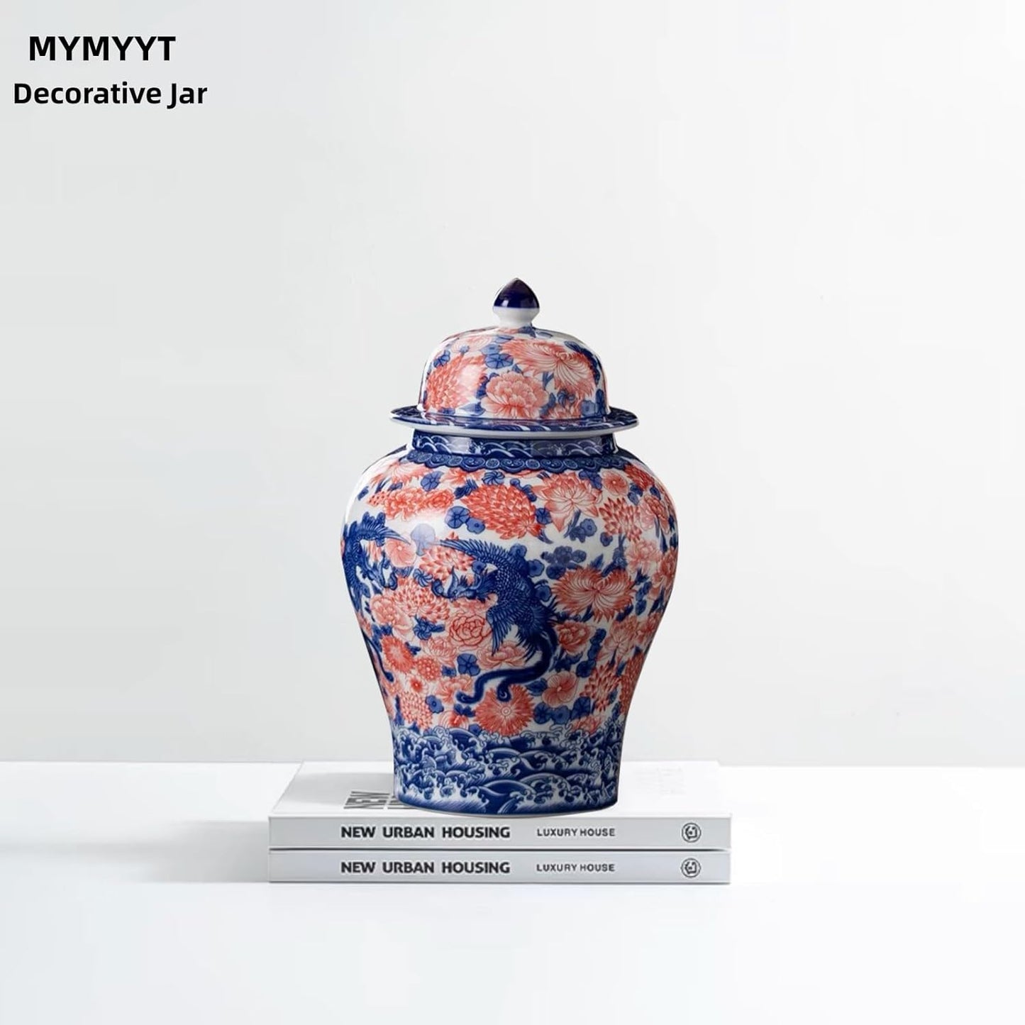 8 inches Phoenix Ginger Jar - red Ceramic Decorative with Lid flower vase， chinoiserie gift Enamel jars for Home/Kitchen/Dining/living room/shelf decor/Tea Storage