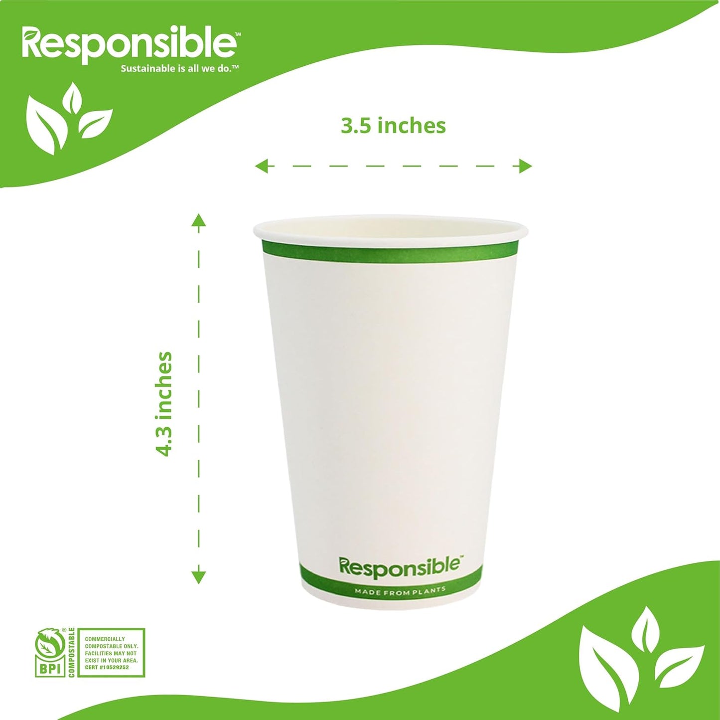 Certified Compostable 12 oz Paper Cups, Cold ＆ Hot Coffee Cups, Disposable Paper Cups, Extra Strength Disposable Cups, Made without PFAS (50 count)