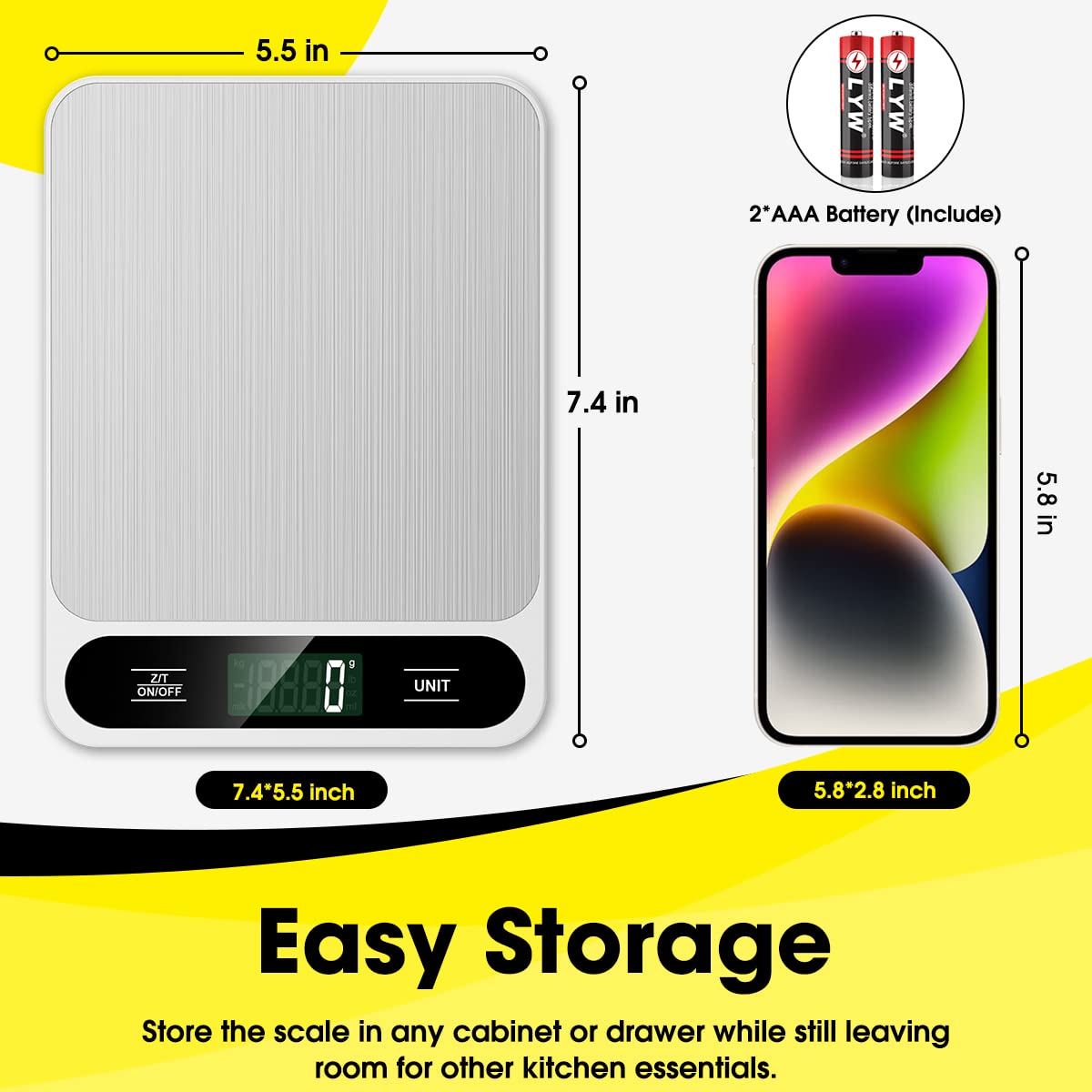 Mik-Nana Food Scale White, 22lb/10kg Digital Kitchen Scale Grams and oz for Baking Cooking and Weight Loss, 1g/0.04oz Precise Graduation, Easy Clean Stainless Steel