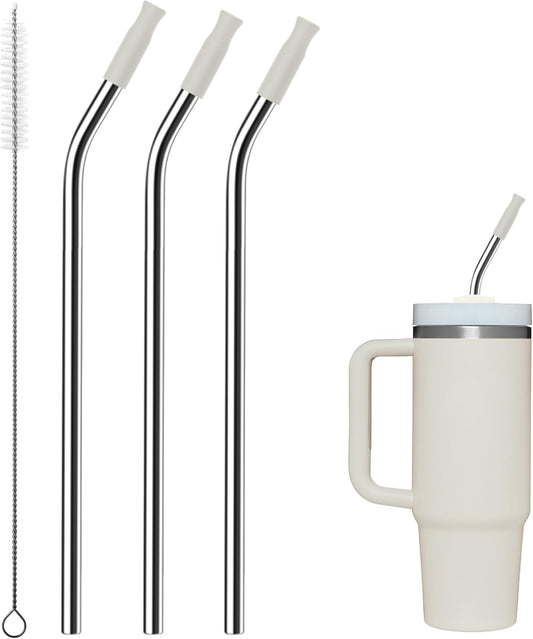 Reusable Stainless Steel Straws with Silicone Tip for Stanley 30oz, Metal Drinking Straws for 30oz Tumbler,3 Bent Tubes & 6 Tips& 1 Cleanr Brush (Cream)