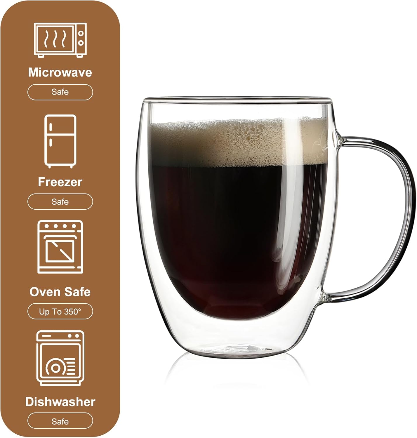 Aurzen 4 Pack Double Walled Glass Coffee Mugs with Handles, Large Insulated Layer Coffee Cups, Clear Borosilicate Mugs, Perfect for Cappuccino, Tea, Microwave Safe (12oz-4Pack)