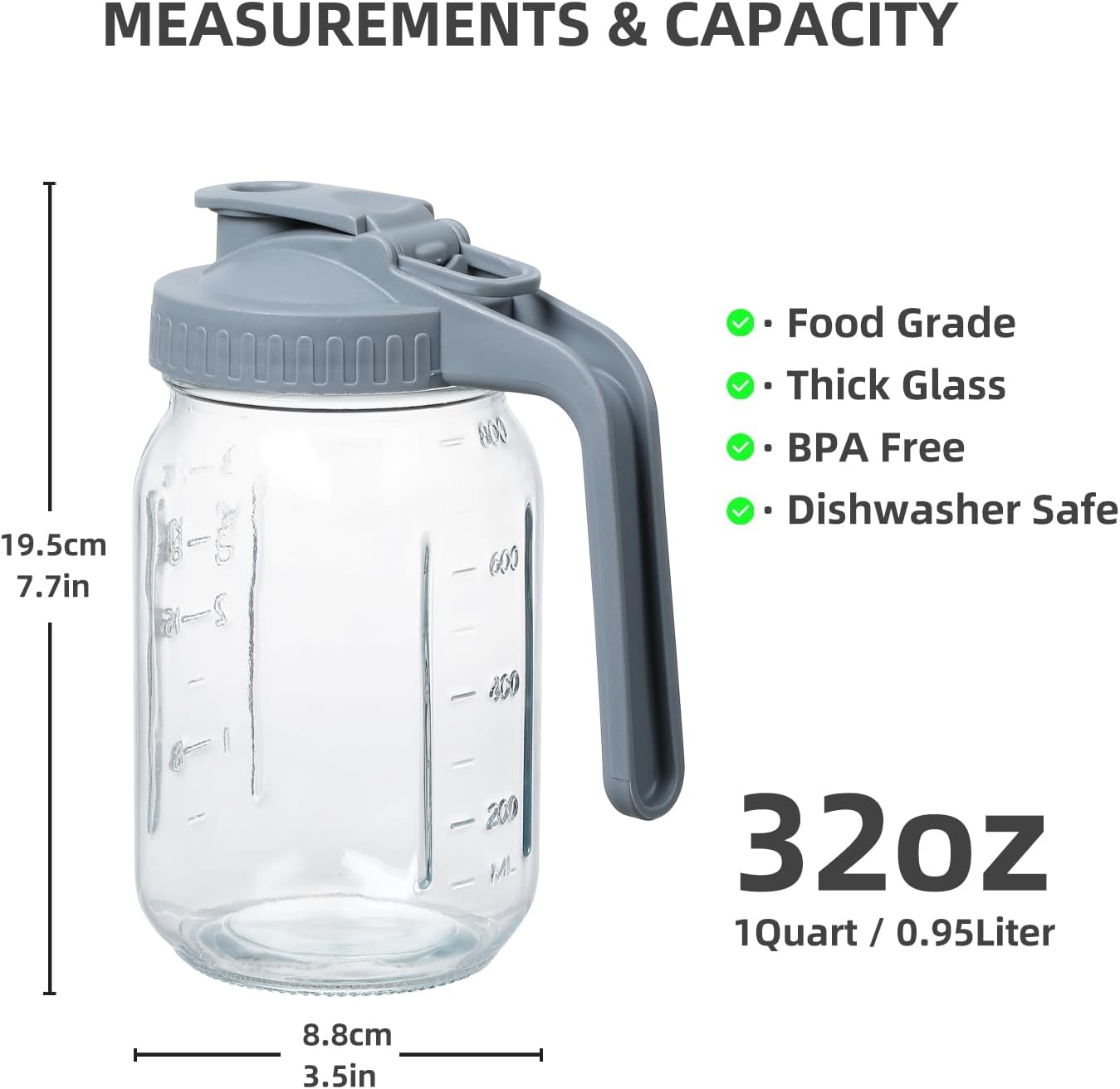 Glass Mason Jar Pitcher with Pour Spout Handle Lid, Breast Milk Pitcher Jug for Ice Tea, Cold Brew Coffee, Fridge Water, Juices, Leak Proof Storage Container