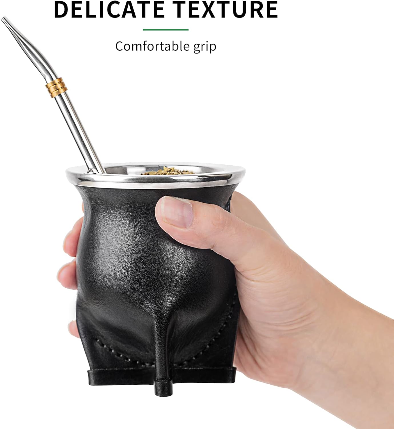Ceramic Liner Yerba Mate Cup Argentina Gourd with Mate Bombilla Straw, Cleaning Brush (Black)