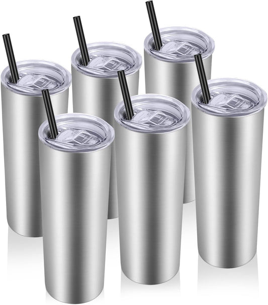VEGOND Stainless Steel Tumblers Bulk 6 Pack, 20 oz Vacuum Insulated Skinny Tumblers with Lid and Straw, Double Wall Coffee Mug, Travel Water Cup