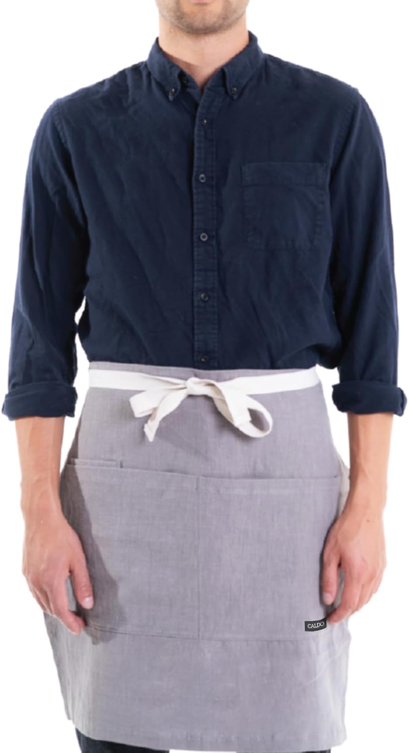 Caldo Linen Bistro Cafe Apron - Professional Grade with Pockets, Half Kitchen Apron, Mid Length 23 x 23, 40 Inch Waist Ties - Durable Unisex Uniform- Server or Chef (Grey)