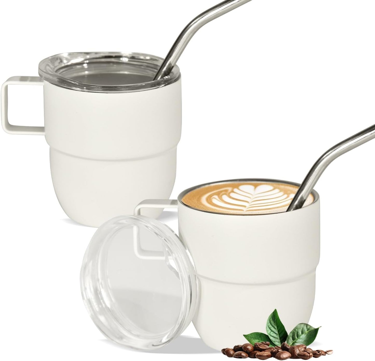 4oz Stackable Cup, Vacuum Insulated Espresso Cup Set of 2, Espresso Mug for Coffee, Double Wall Stainless Steel Mini Tumbler Shot Glasses with Straw and Lid (B-white2P, 4oz)