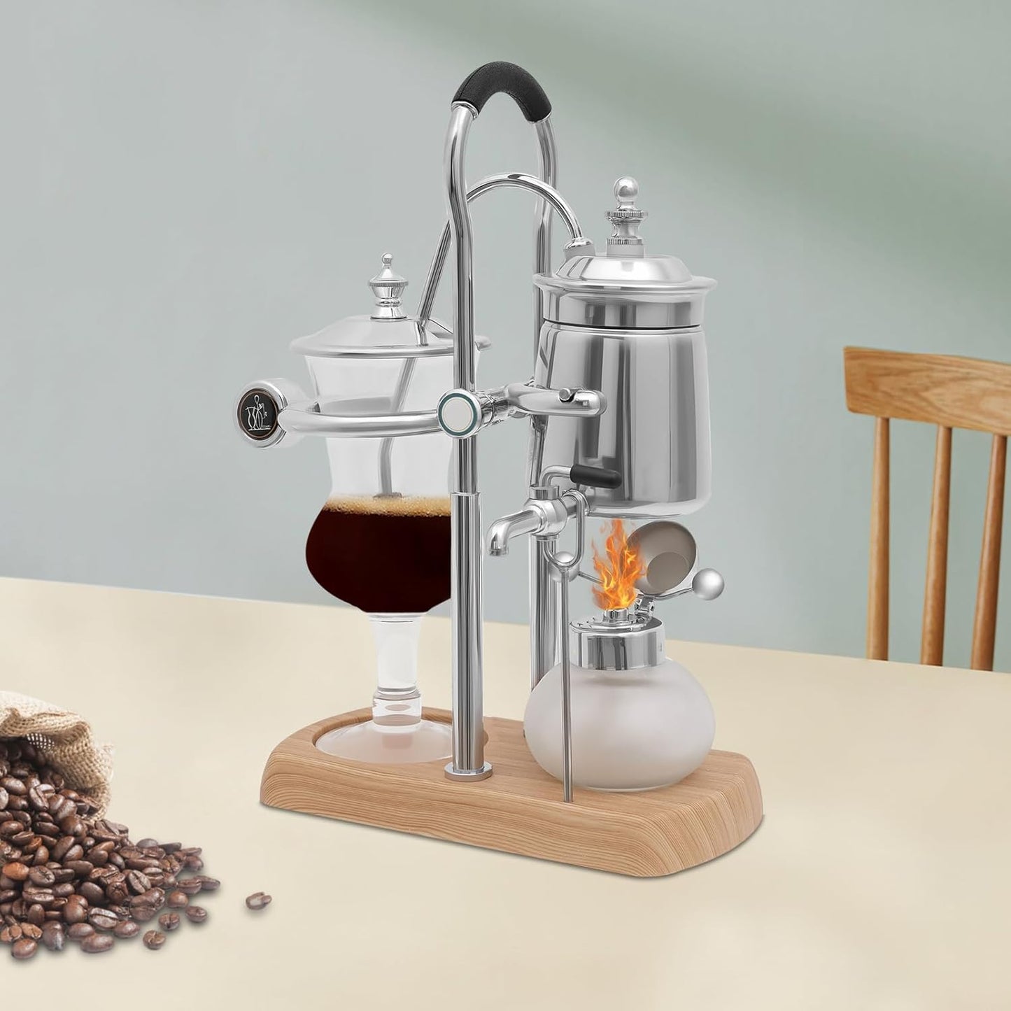 Belgian Luxury Royal Family Balance Syphon Coffee Maker Belgium Siphon Brewer Elegant Design Retro-Style Gravity Vintage Coffee Maker Vacuum Brewing System Copper (Silver)