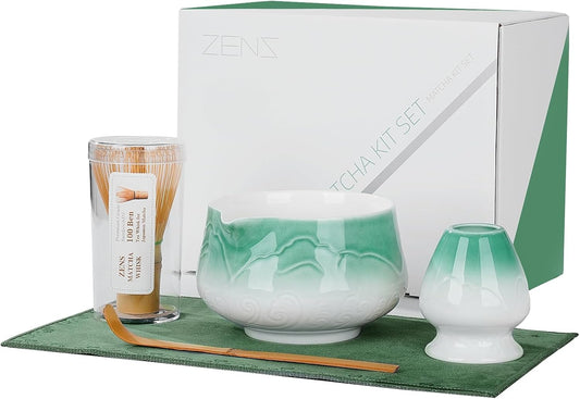 ZENS Matcha Whisk Set, Ceramic Matcha Set Includes Matcha Bowl, Matcha Whisk and Holder, Bamboo Scoop & Tea Towel - 5Pcs Matcha Kit for Matcha Ceremony, Blue