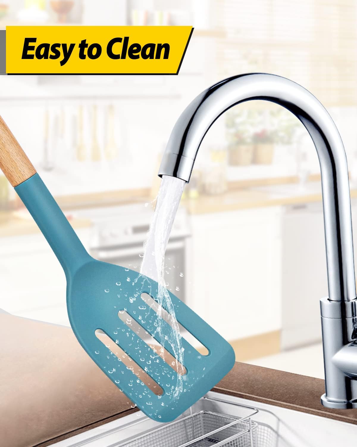 Pack of 2 Silicone Cooking Spatula, Heat Resistant Solid Turner, Non Stick Slotted Spatulas with Wooden Short Handle,Ideal Wood Kitchen Utensils Set for Frying, Baking, Flipping, Turning