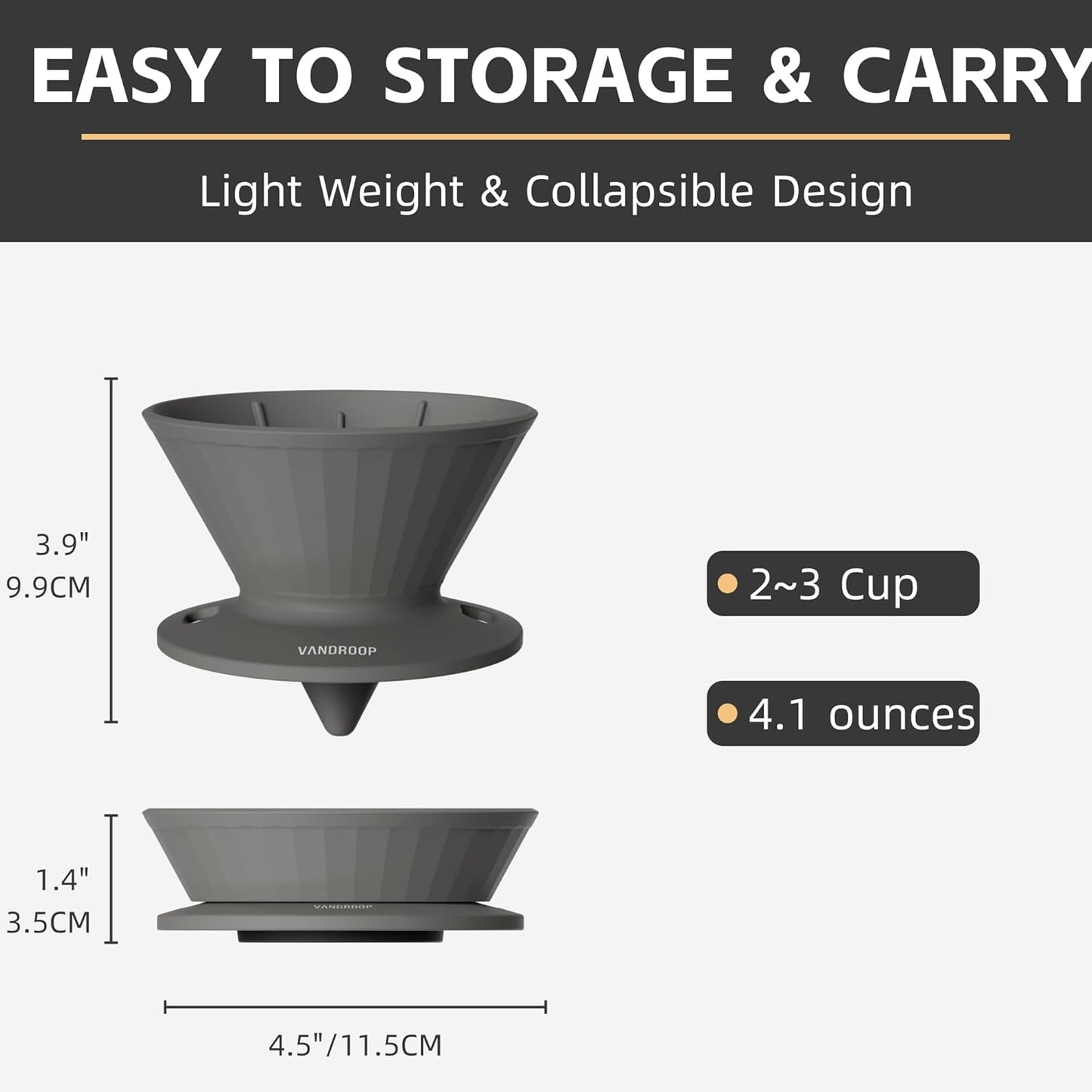 Collapsible Pour Over Coffee Dripper, Reusable Silicone Pour Over Coffee Maker for Camping, Travel&Home, Portable Single Clever Coffee Dripper with 10 V60 Filter Papers #02(Grey, 2-3 Cup)