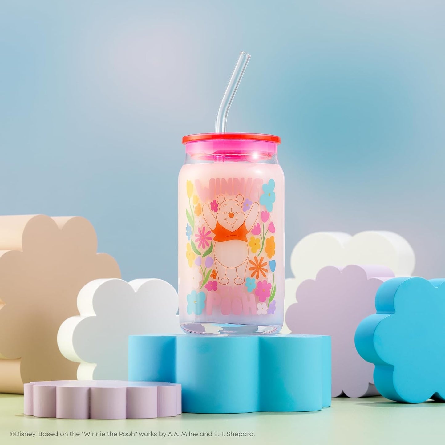 JoyJolt Disney Winnie the Pooh & Friends Flower Power Glass Tumblers with Lids and Straws, 16oz Glass Cups with Lids and Straws, Can Shaped Drinking Glasses Set of 4, Disney Gifts for Adults