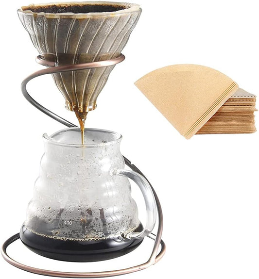 Pour Over Coffee Maker Set - Glass Dripper, Metal Stand, 600ml Heat-Resistant Server, 40 Filters - 4 in 1 for Home or Office (Bronze)