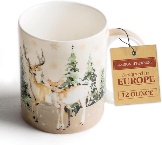Maison d' Hermine Coffee Mug with Handles Fine Bone China Mugs Pack of One Tea Cups for Hot Beverages Cappuccino Latte Home Office Perfect for Gift (Deer In The Woods - Forest Deer, 12 Ounce)
