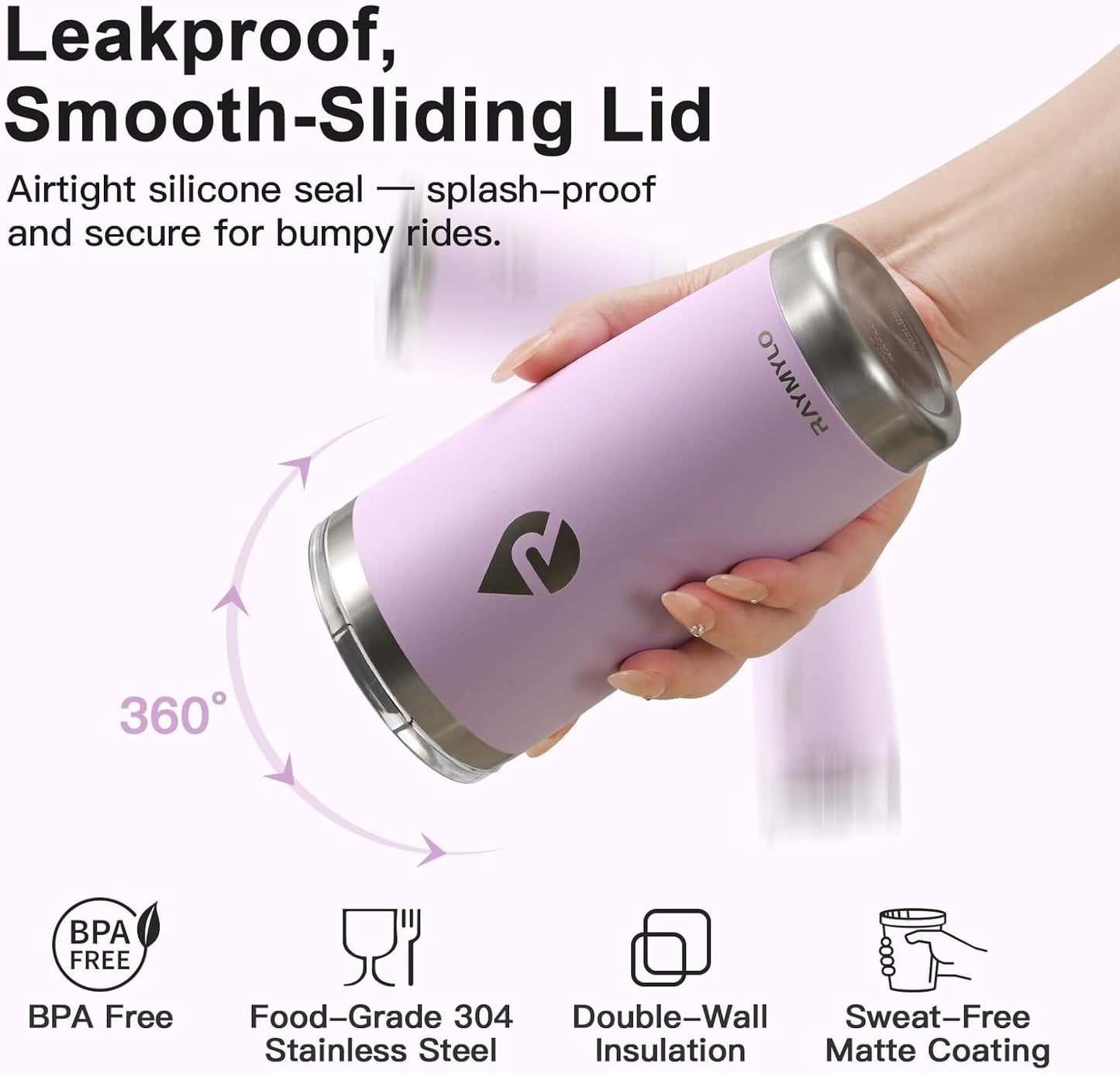 20 oz Coffee Tumbler - Insulated Stainless Steel Travel Mug for Hot/Cold, Spill Proof with BPA-Free Detachable Lid, Coffee Cup Fits Most Car holder, Includes Chic Stickers, Light Purple