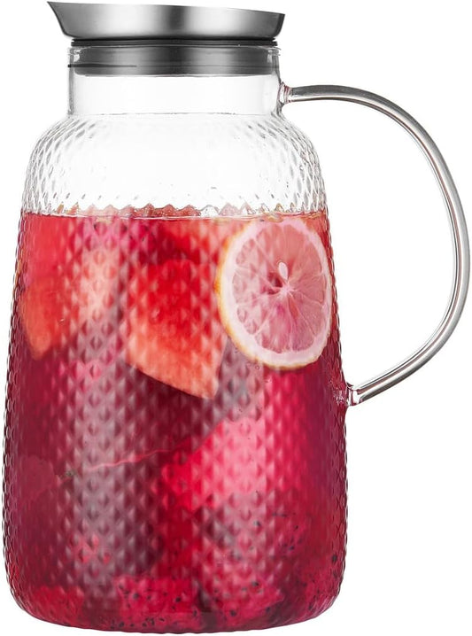 Purefold Pitcher with Lid, 78 oz Glass Jug with Stainless Steel Lid for Hot and Cold Water, Fruit Tea, Coffee Maker, Ice Tea, Juice, Pineapple Series (Clear)