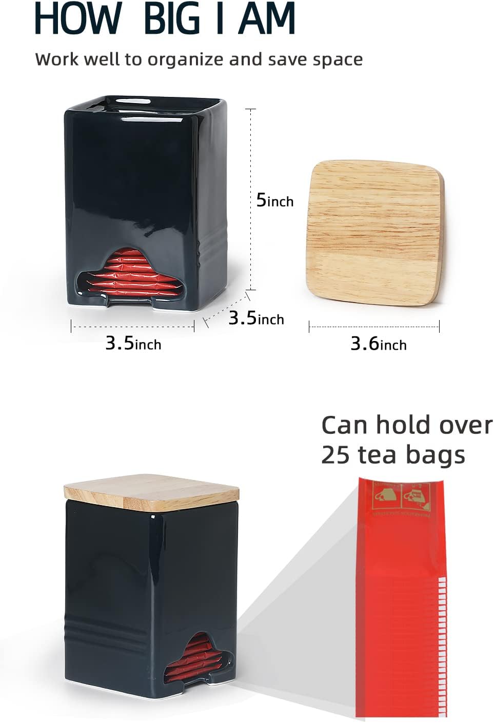 Ceramic Tea Bag Storage Organizer Caddy Holder with Lid (Navy)