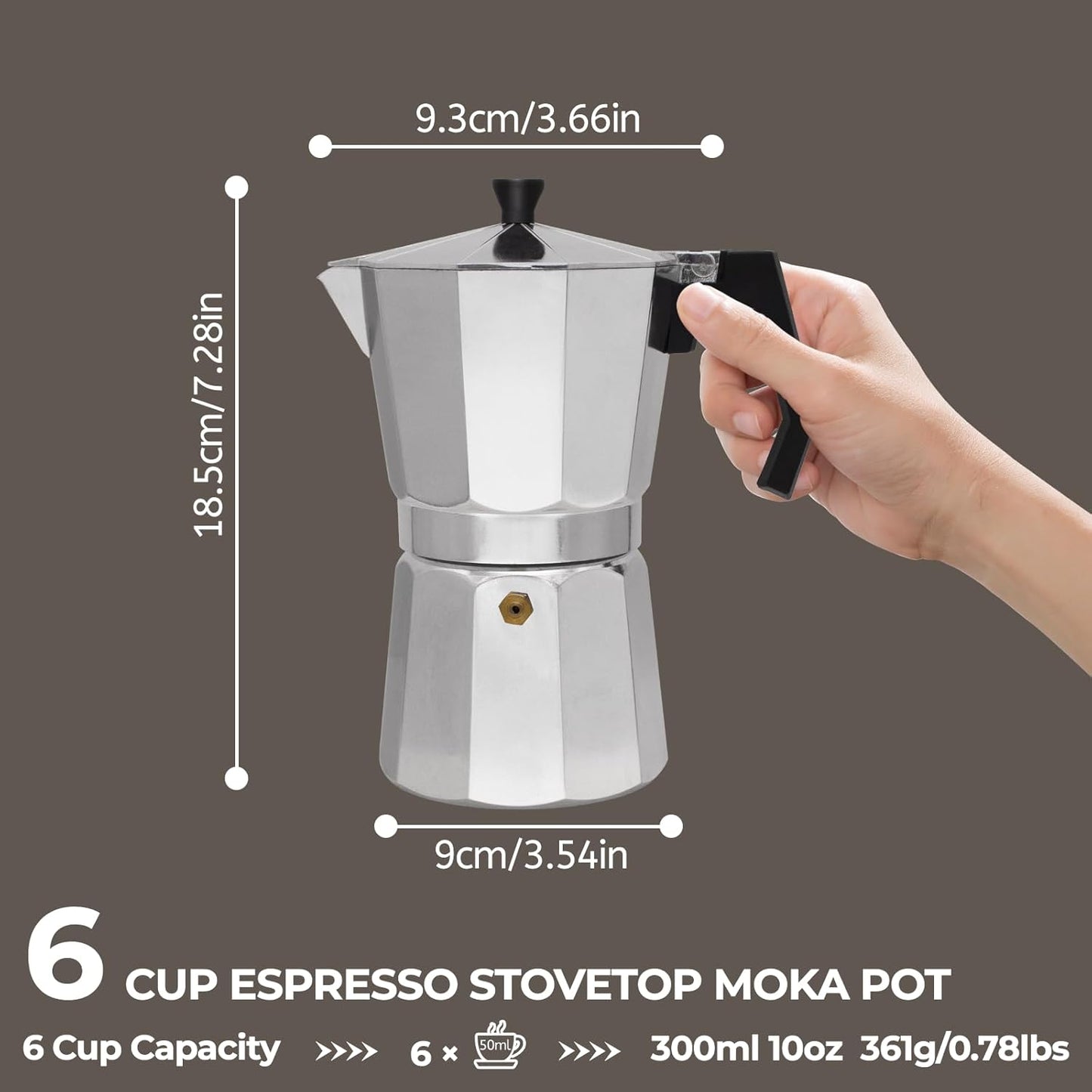 Aluminum 6 Cup 300ml Moka Pot Express Coffee Maker Stovetop Espresso Percolator Coffeemaker Italian Classic Style Brewing Greca Cafe Mocha Machine for Cafeteras Lover Camping Travel and Home Use 10oz