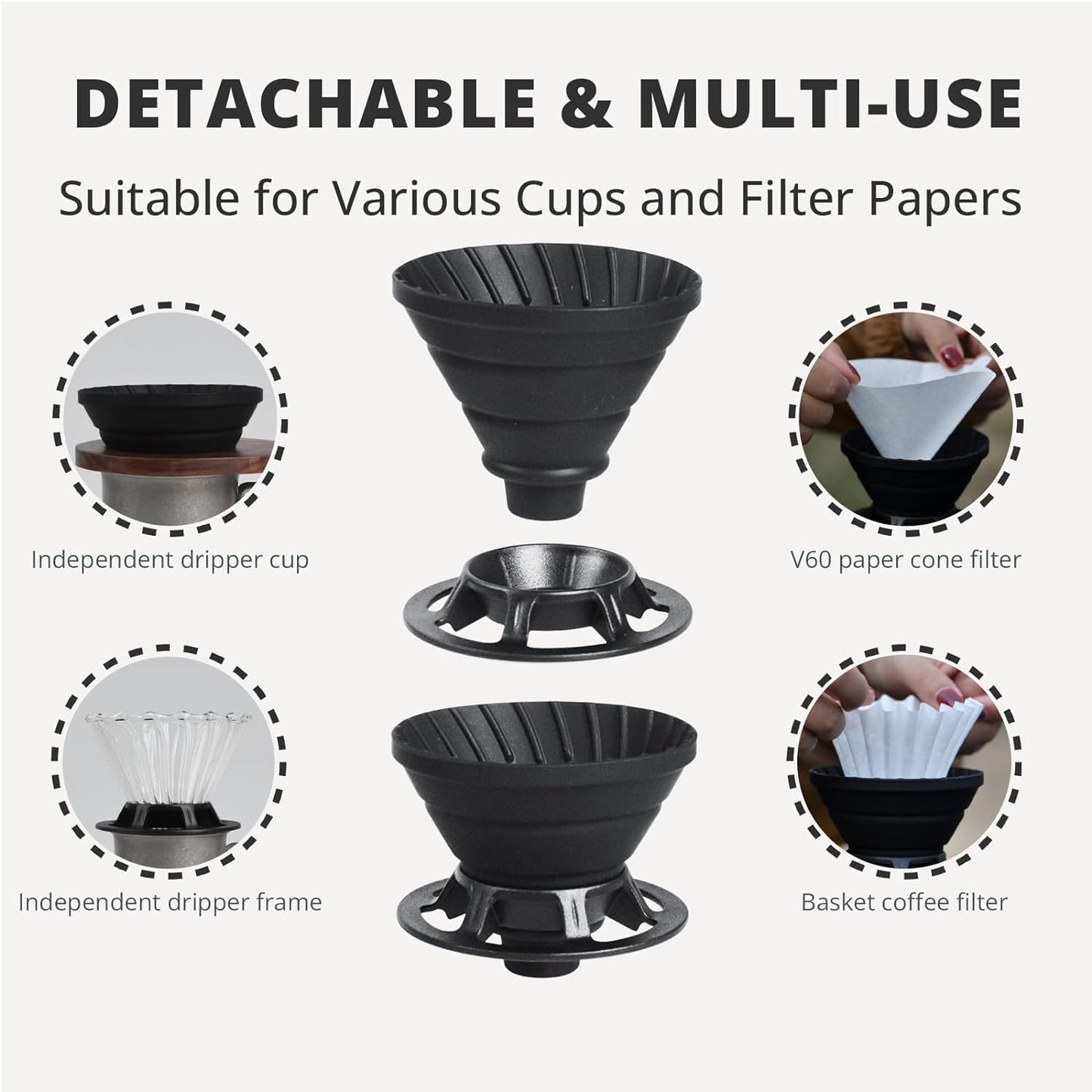 Collapsible Coffee Dripper, Silicone Reusable Coffee Filter Holder, Pour Over Coffee Dripper for Camping, Business Trip, Single Pour Over Coffee Maker (Black)