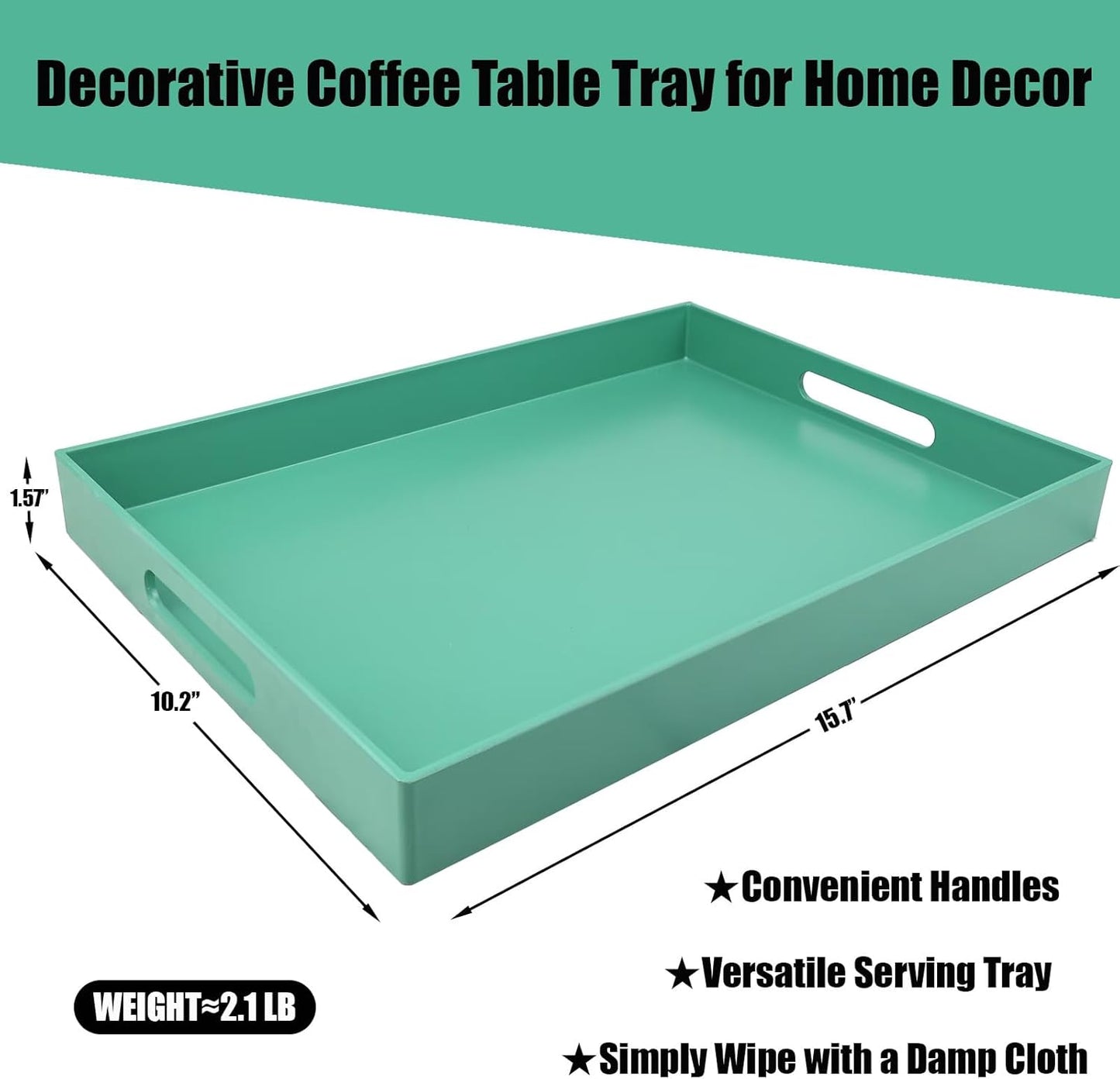 Green Serving Tray for Coffee Table, Rectangular Plastic Decorative Tray with Handles for Entertaining, Outdoor Patio, Living Room, Ottoman, Bathroom Counter, 11.8”*15.7”*1.6”