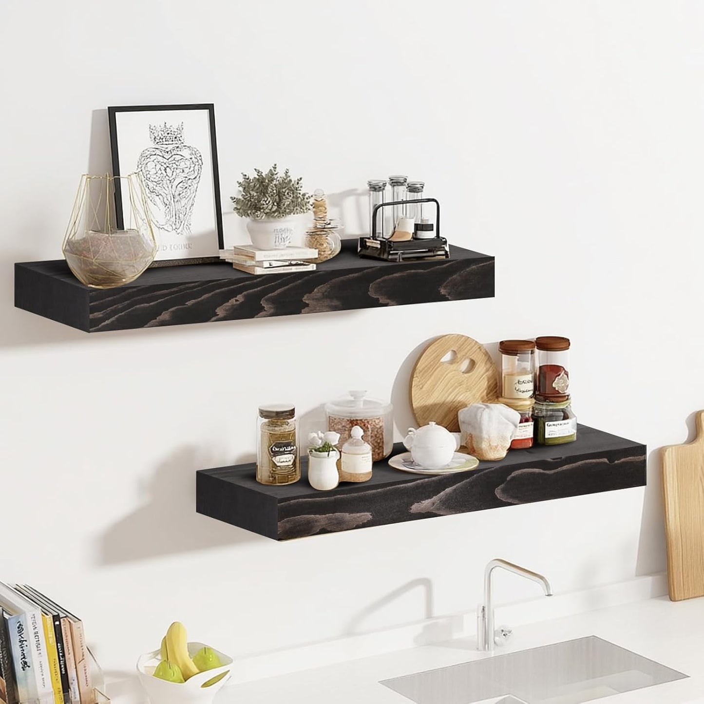 17x8x1.6 inch Floating Shelves Set of 2 – Solid Wood Rustic Black Wall Mounted Shelf for Kitchen, Bathroom, Living Room