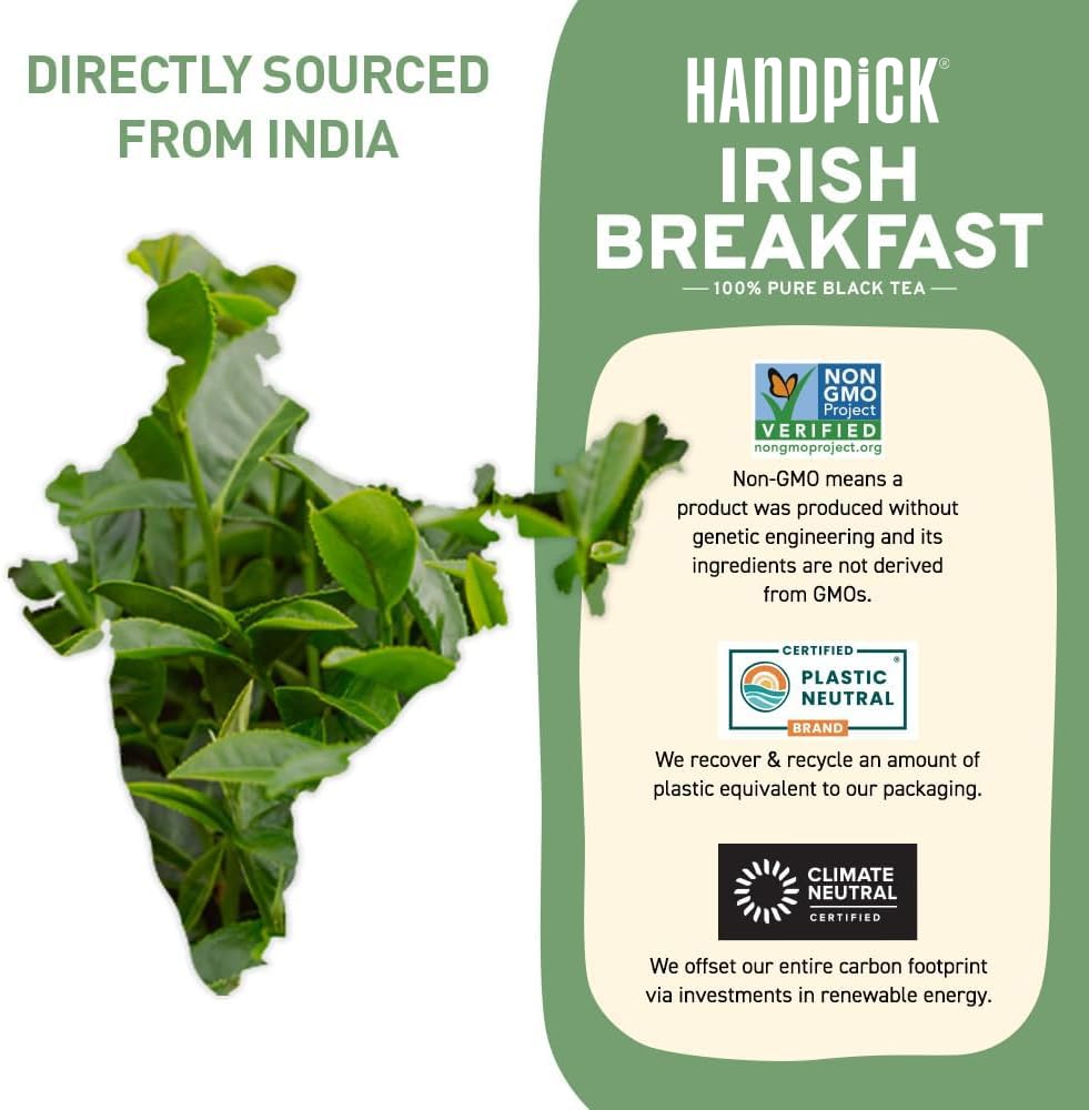 HANDPICK, Irish Breakfast Black Tea Bags (100 Count) Gluten-Free, Non-GMO | Strong, Robust & Bold Flavor | Round Eco-Conscious Tea Bags