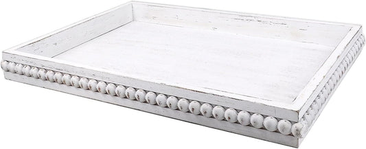 Wood Decorative Coffee Table Serving Tray, Farmhouse Rectangular Tray with Wooden Bead for Ottoman, Entertaining, Home Decor, 15.7”*11.8”*1.57” (Whitewashed)