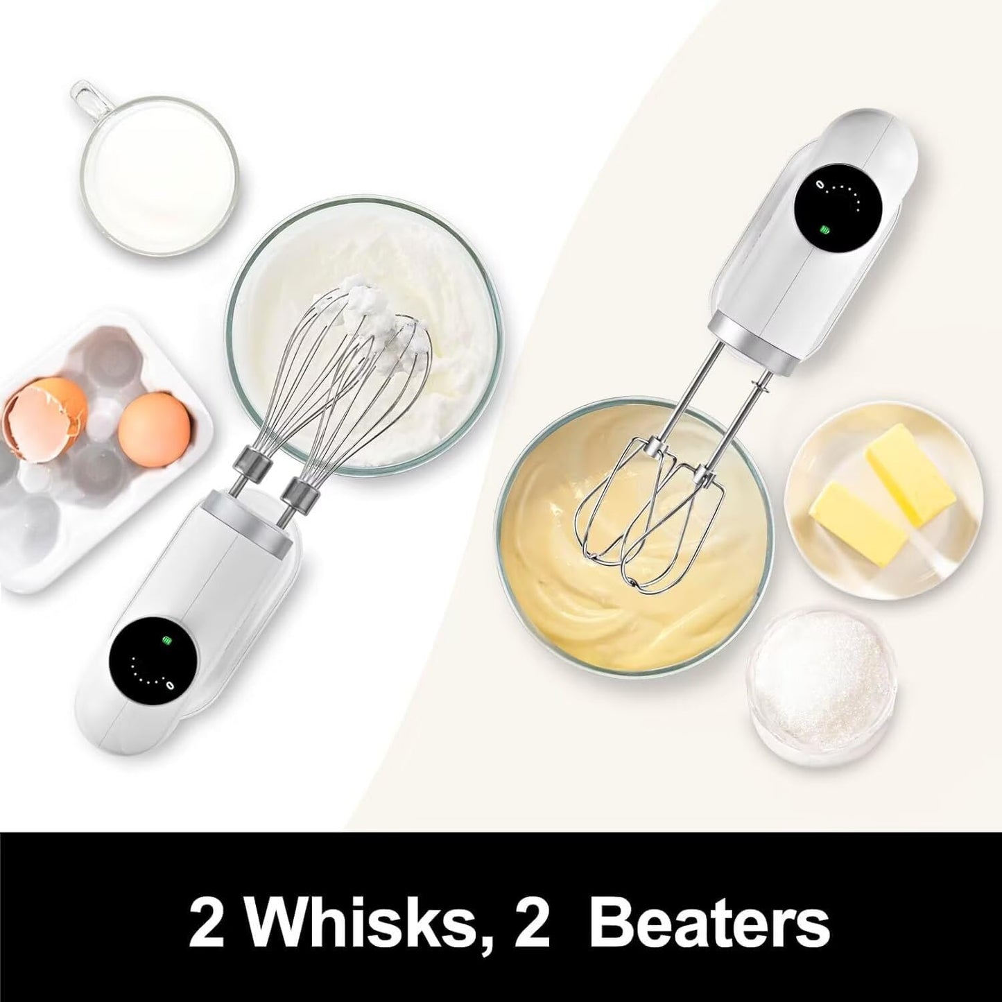 Kitchen in the box Cordless Rechargeable Hand Mixer for Kitchen, Portable Handheld Electric Mixer with Beaters, Whisks, 6-Speed Digital Display, Charging Base and USB-C Charge Cable (Pearl White)