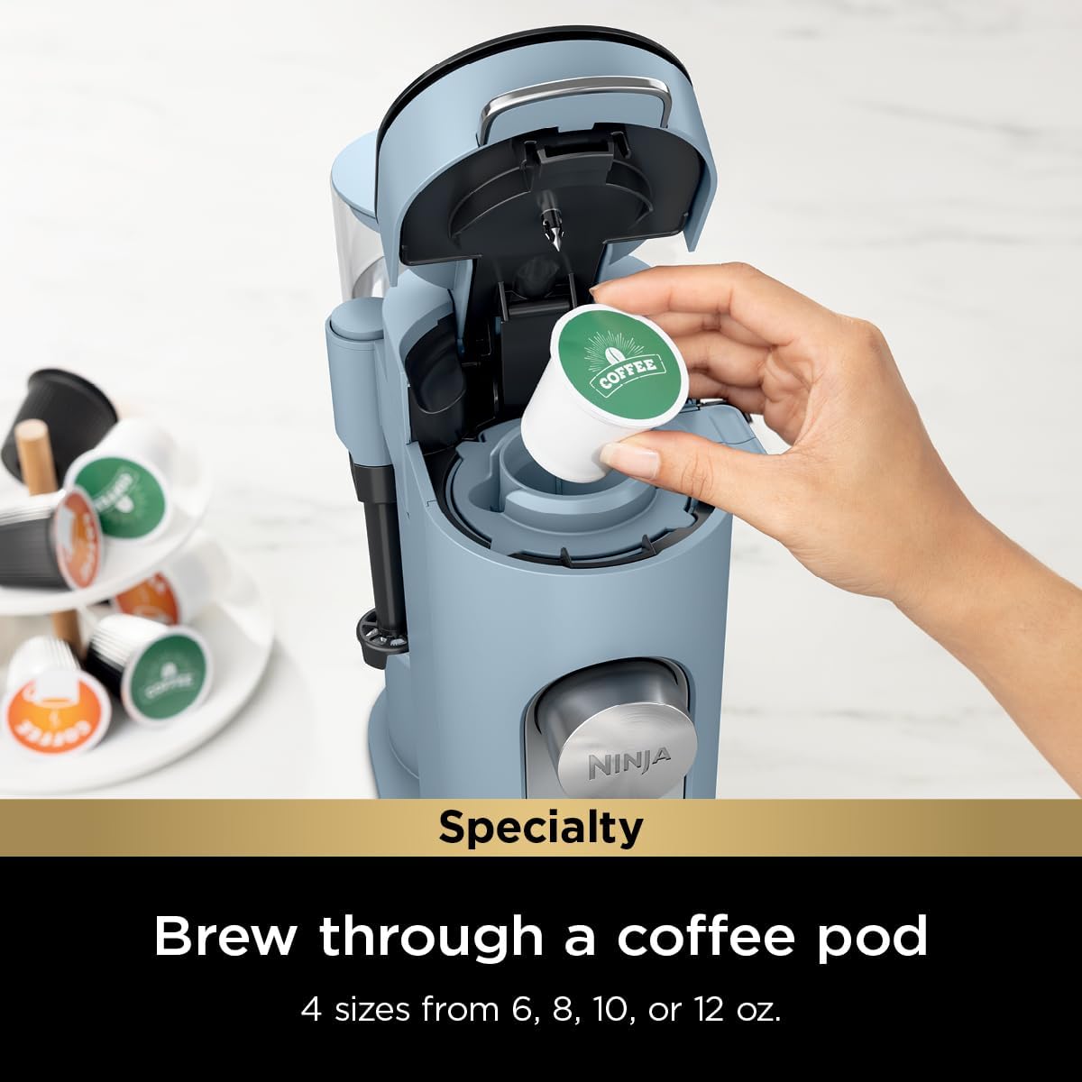 Ninja Pod & Grounds Specialty XL Single-Serve Coffee Maker, K-Cup Pod Compatible, Brews Grounds, Compact Design, Built-In Milk Frother, 68-oz. Reservoir, 6oz. Cup-24oz. Mug Sizes, Denim Blue, PB055ABL