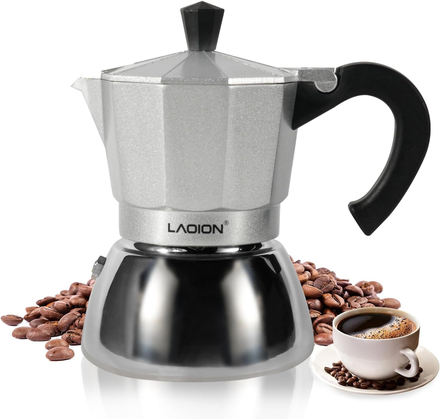 Stovetop Espresso Maker, 3Cup Moka Pot, Espresso Machine Compatible with Induction Cooktops, 150ml Stainless Steel & Aluminum Cuban Coffee Maker for Cafetera Cubana, Silver