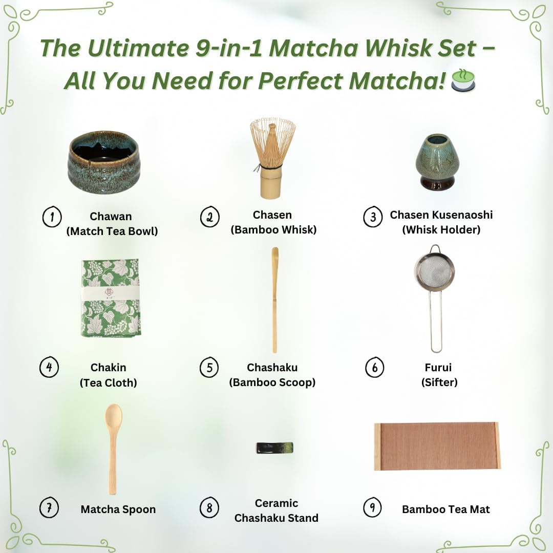 Annie & Mia Design Matcha Whisk Set (9pcs), Japanese Tea Matcha Set includes Ceramic Matcha Bowl, Bamboo Matcha Whisk(chasen), Ceramic Matcha Whisk holder, Bamboo Matcha Scoop (chashaku). Blue color