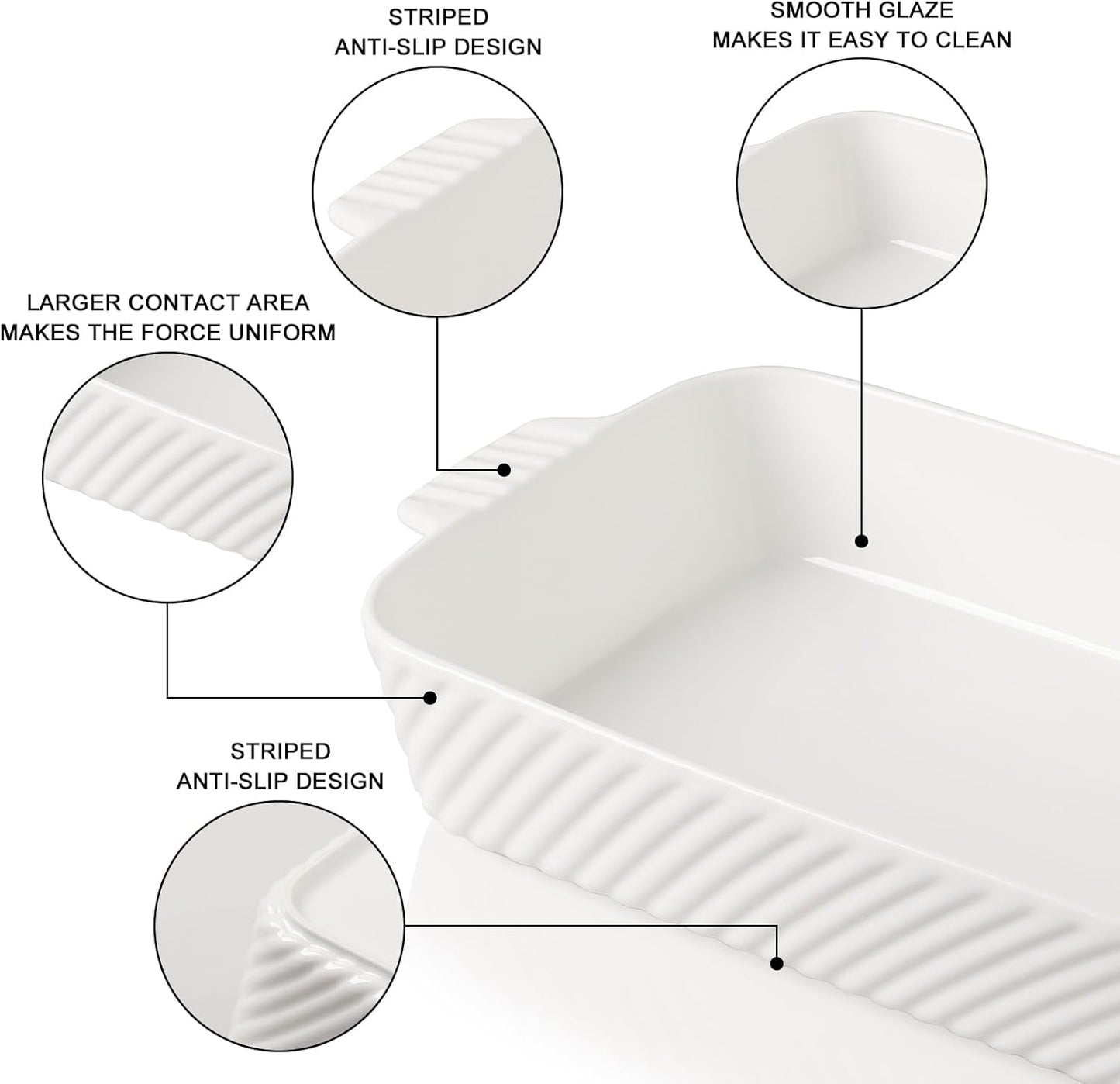 Sweejar Ceramic 13 x 9 Baking Pan, Cake Baking Dish for Brownie, Porcelain Striped Casserole Dishes for Oven with Handle for Lasagna, Family Dinner(White)