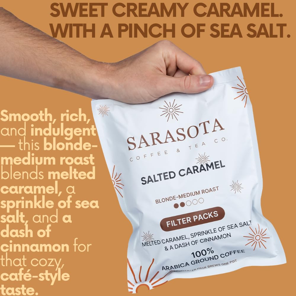 Ground Flavored Coffee In Filter Packs | Salted Caramel | Medium Roast Low Acid Mold Free Pouches | Bulk Packets Gourmet Bags for 10-12 Cup Drip Maker | Highest Rated Individual Premeasured Coffee