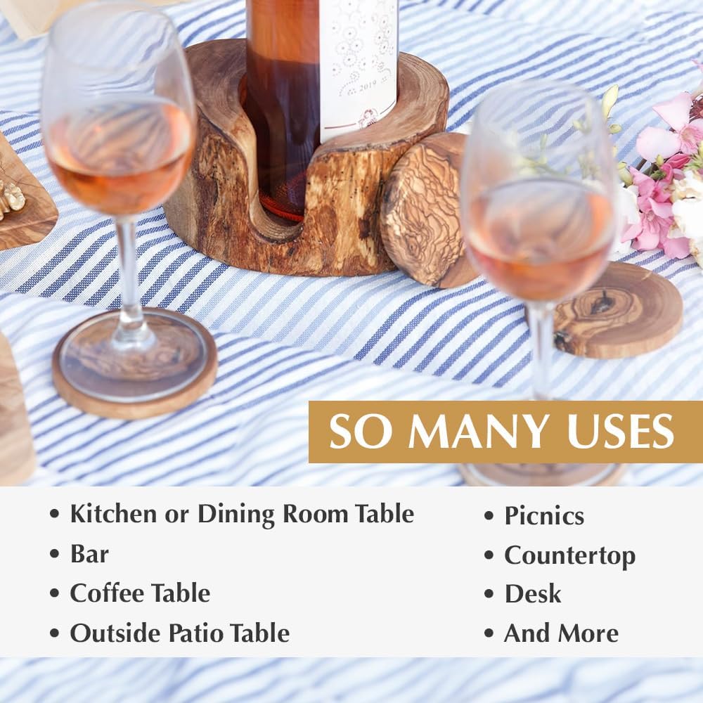 Kamsah Olive Wood Coasters Set of 6 & Holder - Handmade, Natural, Durable Wooden Coasters for Drinks - Round, Rustic, Farmhouse Coaster for Table, Bar, Desk, Coffee Table, Kitchen, & More