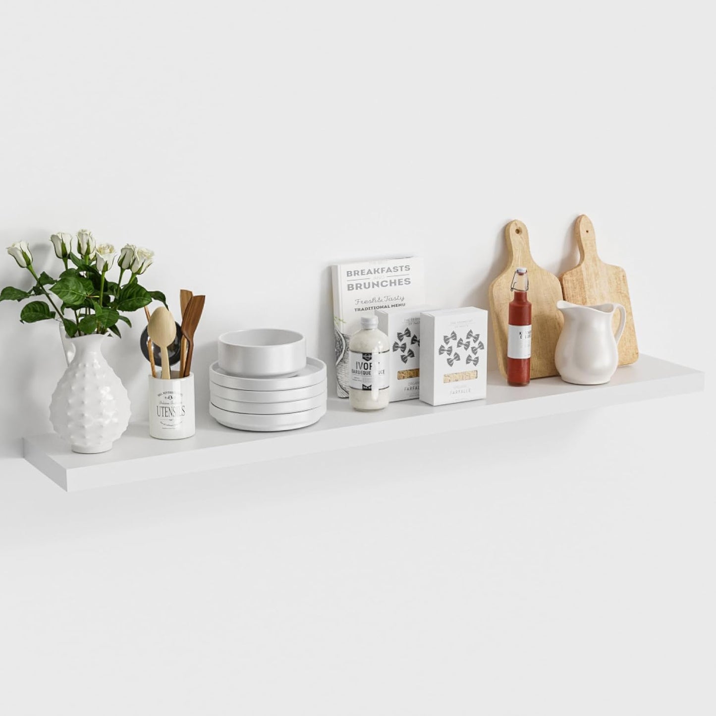 Vivelove Wooden Floating Shelves for Wall 48” x 8”x 1.4”, Solid Wood Shelf with Invisible Brackets, Deep Wall Shelves for Bathroom, LivingRoom, Kitchen, Bedroom, Modern Home Decor, Set of 1 - White