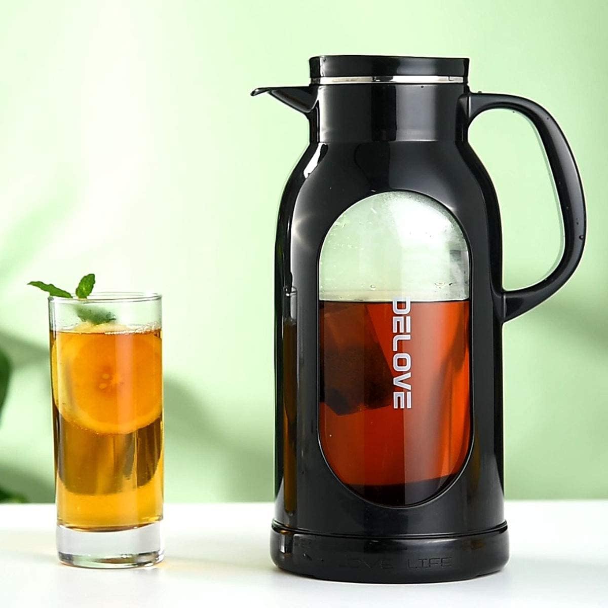 Delove 68 oz/2 Liter Glass Pitcher with Shatterproof Shell - Heat Resistant Glass Liner - Stainless Steel Lid - Carafe & Jug for Iced Tea,Hot/Cold Water,Homemade Juice Beverages (Black)