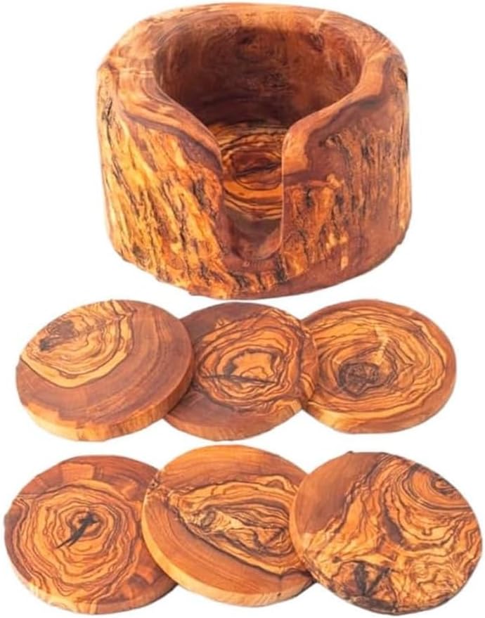 Kamsah Olive Wood Coasters Set of 6 & Holder - Handmade, Natural, Durable Wooden Coasters for Drinks - Round, Rustic, Farmhouse Coaster for Table, Bar, Desk, Coffee Table, Kitchen, & More