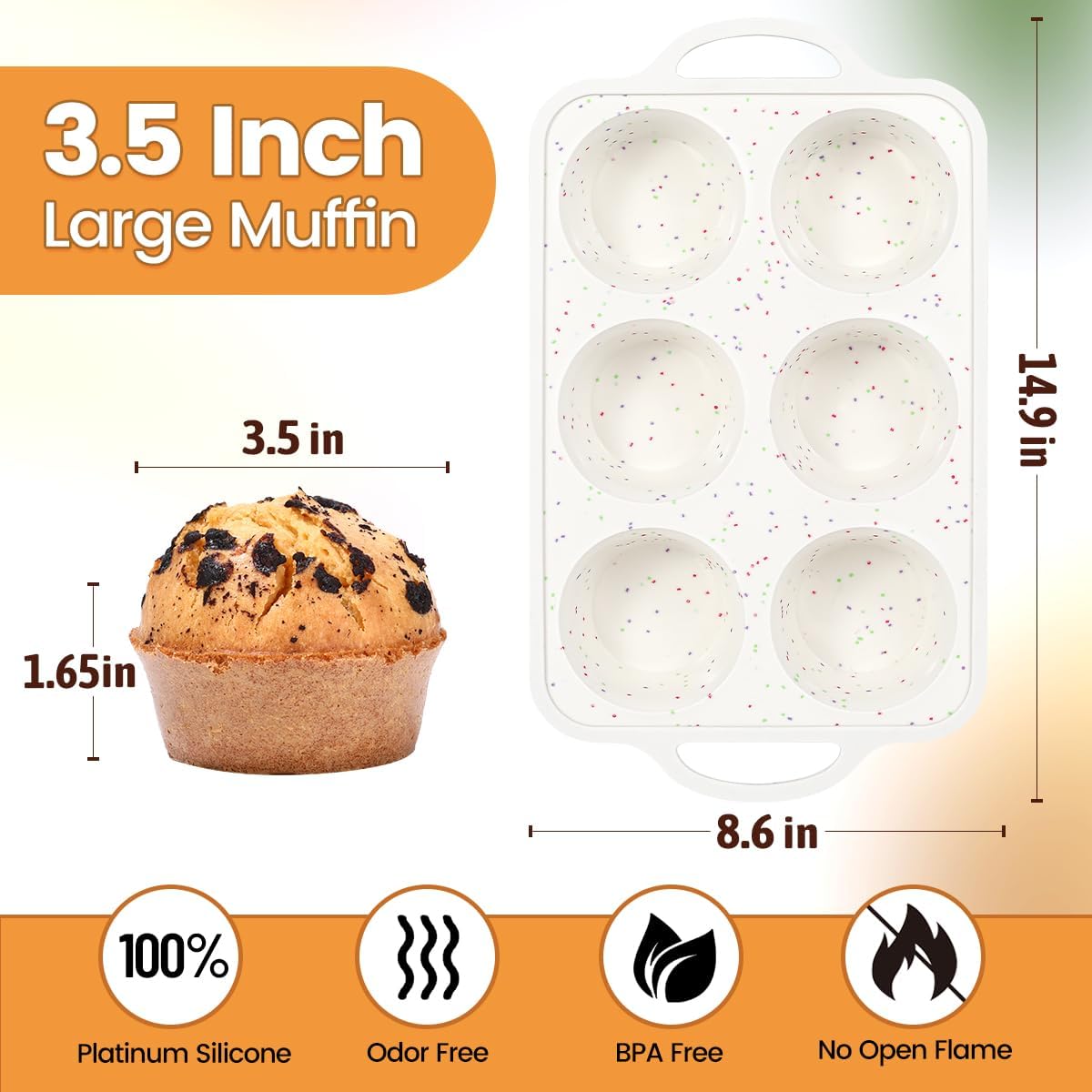 FUNBAKY Jumbo Silicone Muffin Pan with Metal Frame, 3.5 Inch Large Muffin Pans 6 Cups 2 Pack Confetti