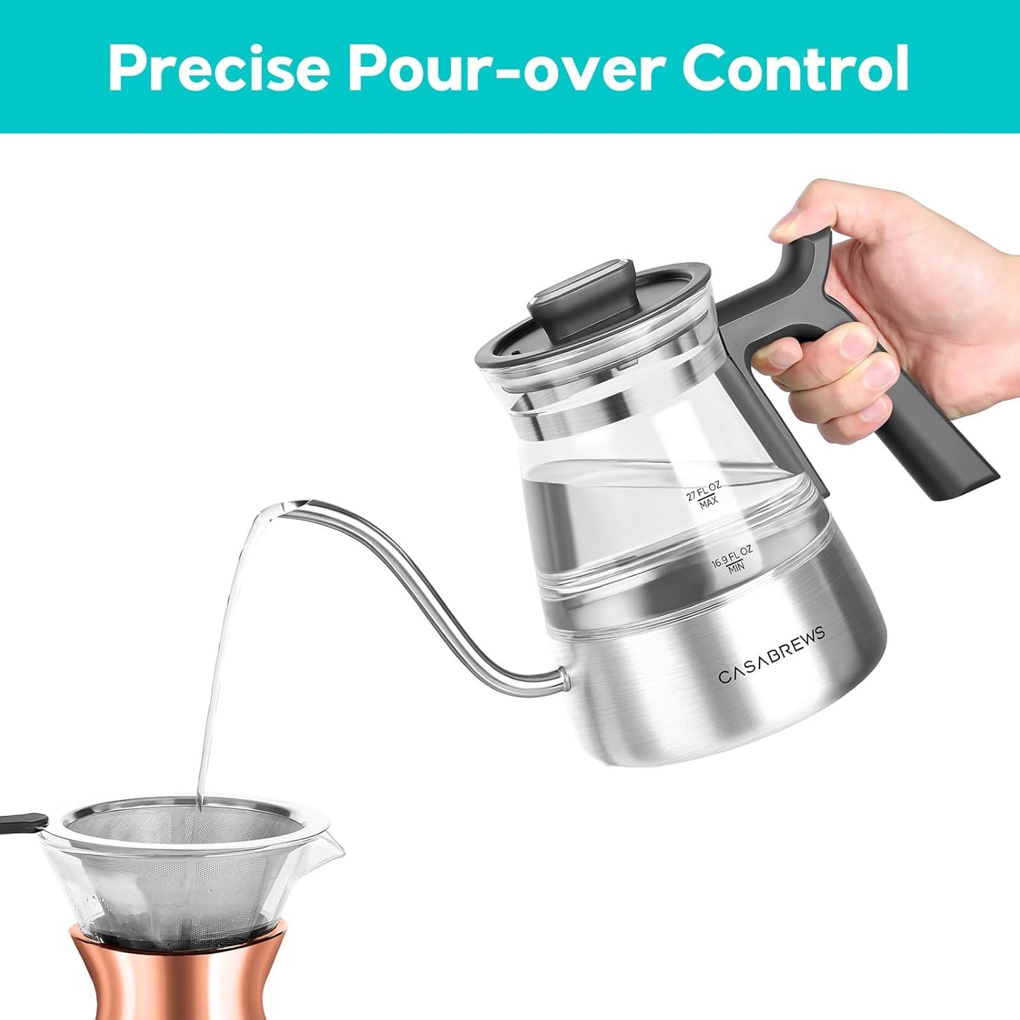 CASABREWS KEG5831 Gooseneck Electric Kettle, Stainless Steel Glass with Temperature Control & Reservation Time Function, Pour Over Kettle for Coffee & Tea, Fast Boiling, Auto Shut-Off, 1200W/0.8L